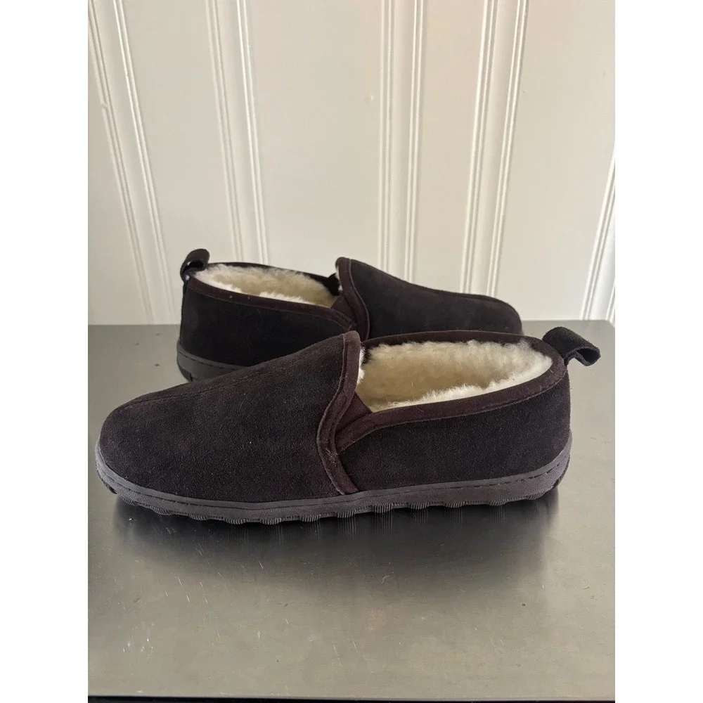 Aden Mens Suede Slippers Dark Brown Lambskin Lined House Shoes Size 10